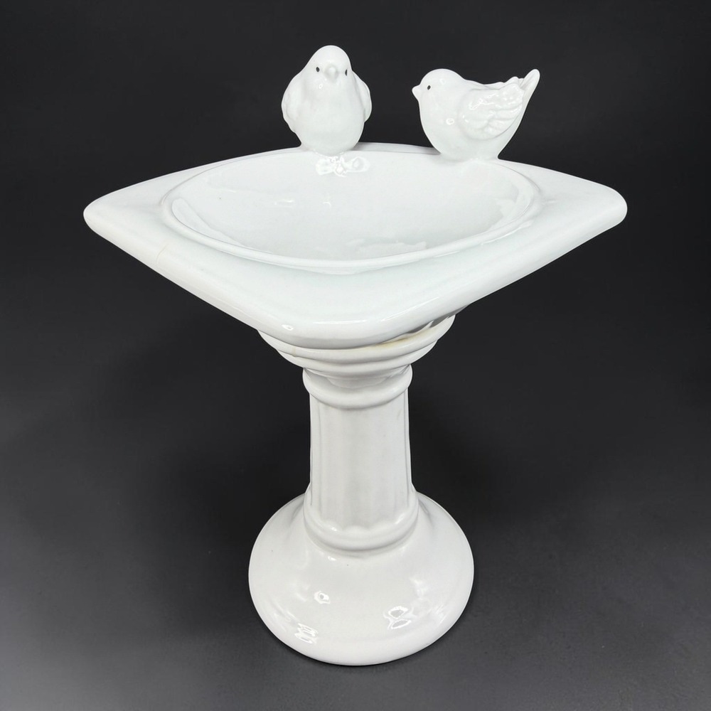 White Ceramic Decorative Bird Bath Pedestal with Two Birds Tabletop Decor 9in